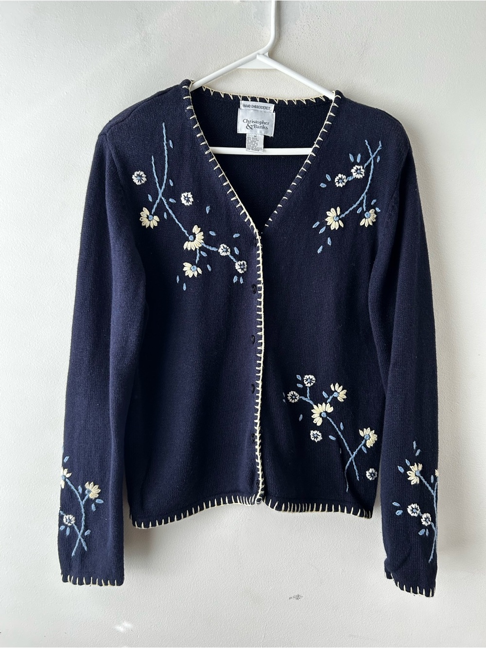 Vintage Cottagecore Grannycore Hand Embroidered Floral Cardigan Sweater Medium
